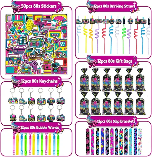Miniatura 2 de CHSLtmxq 122 PCS Decoraciones de Fiesta de los Años 80, Set de Suministros de Favores de Fiesta Temática de los Años 90, Pulseras Slap y Llaveros