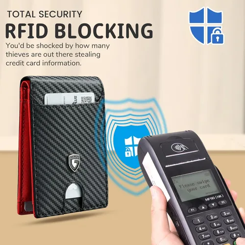 Miniatura 6 de GSOIAX Billetera delgada para hombre con bloqueo RFID, carteras plegables para hombre, minimalista, cuero auténtico, fibra de carbono, clip