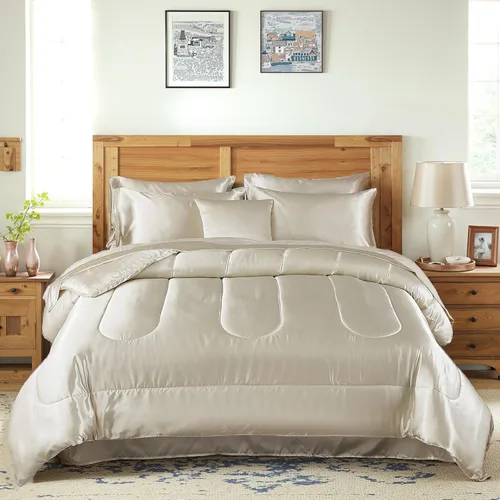 Miniatura 16 de Bedding_Dreamer Juego de edredón sedoso negro de satén en una bolsa, 8 piezas de ropa de cama sedosa de hotel de lujo con 1 edredón, 1 sábana