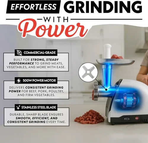 Miniatura 3 de Gourmia, picadora de carne, discos trituradores y accesorios extras incluidos. Incluye el tubo para salchichas y un libro electrónico de recetas