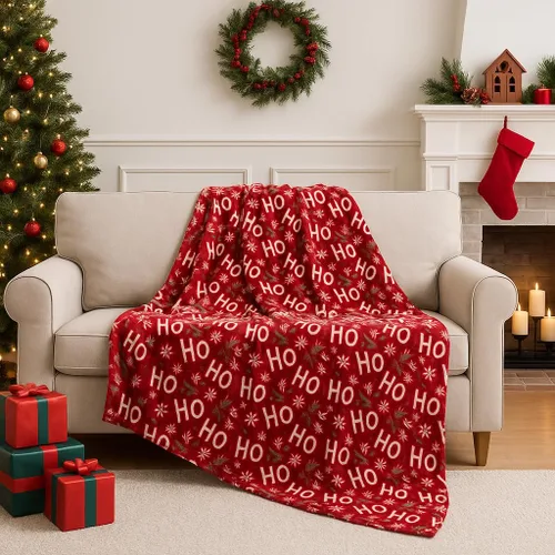 Miniatura 15 de Manta de Forro Polar para las Fiestas Navideñas: Corona Tradicional de Decoración del Hogar con Saludos Cheers Merry Peace Joy sobre Fondo Beige