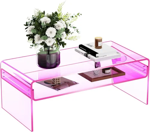 Miniatura 10 de Mesa de café acrílica para sala de estar con estante de almacenamiento abierto, mesa rectangular transparente de Lucite (1, Transparente, Normal)