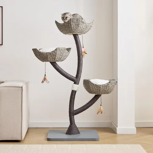 Torre de árbol gris moderno de 52 pulgadas de alto para gatos grandes, postes rascadores para gatos con cestas tejidas a mano | Condominio de lujo