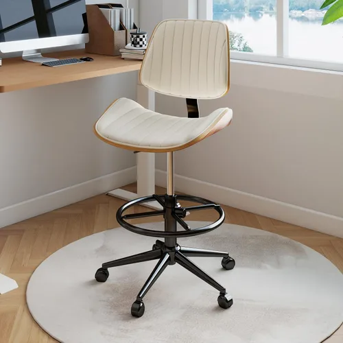 Silla de dibujo, silla de oficina ergonómica con respaldo de madera de nogal, silla de escritorio de piel sintética sin brazos con altura ajustable,