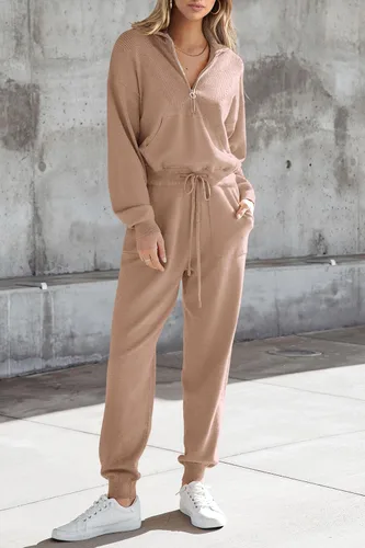 Miniatura 124 de PRETTYGARDEN Conjunto de suéter de 2 piezas para mujer, sudadera con cremallera, pantalones deportivos, ropa casual
