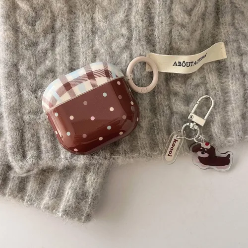 Miniatura 4 de Funda colorida de lunares marrón para Airpods Pro 2 Gen con cerradura, estética retro a cuadros, linda funda protectora kawaii de moda para niñas