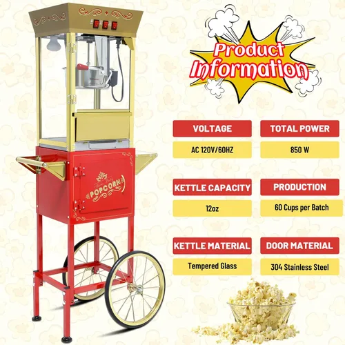 Miniatura 3 de Máquina de palomitas de maíz vintage con carro, hervidor de acero inoxidable de 12 onzas y luz de calentamiento, regalos de Navidad, regalos de cine