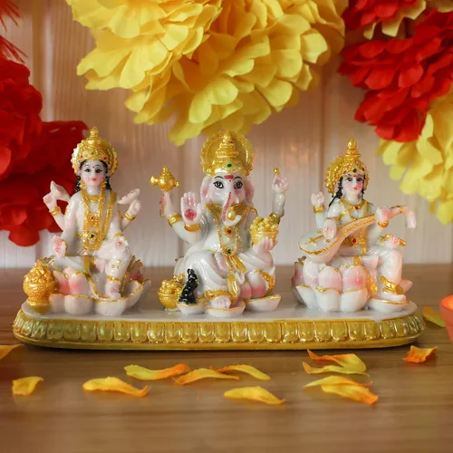 Miniatura 2 de alikiki Estatua india de Laxmi Ganesh Saraswati – 3.9 pulgadas de alto pequeño aspecto de mármol Lakshmi Ganesha ídolo escultura para tablero