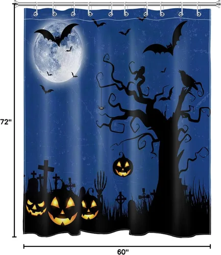 Miniatura 6 de EOBTAIN Cortina de ducha de cielo nocturno azul de Halloween para baño, espeluznante calabaza y murciélago en árbol muerto en cementerio aterrador