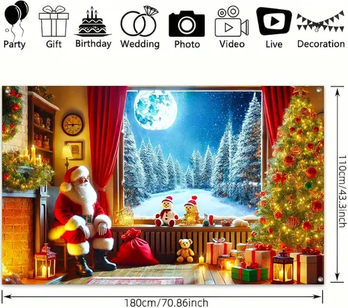 Miniatura 3 de BlissYard Pancarta Navideña para Ventana 71x43 Pulgadas Telón de Fondo de Noche Nevada con Chimenea de Santa, Árbol, Regalos, Farol, Cortina Roja