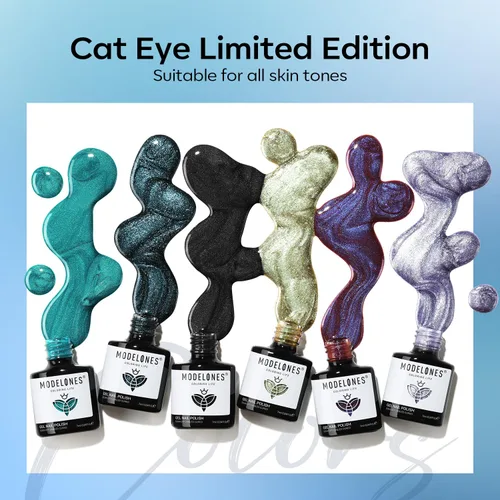 Miniatura 6 de modelones - Juego de 6 esmaltes en gel con efecto de ojo de gato cristalino, holográfico 9D, brillantina, negro, azul, morado, verde, con imán