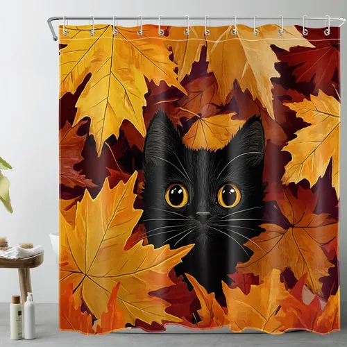 Miniatura 15 de LB Cortina de ducha de otoño para baño, divertido gato negro con fantasma en la bañera en el bosque de otoño, cortina de ducha de tela de cosecha