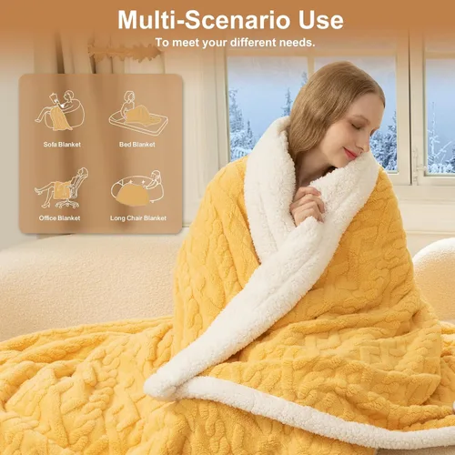 Miniatura 4 de Manta eléctrica tamaño individual 62"X84" amarilla - Manta cálida y gruesa de sherpa con calefacción para invierno con 5 niveles de calentamiento