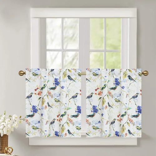 Miniatura 21 de Leeva - Cortinas pequeñas con estampado de pájaros, 24 pulgadas de largo, conjunto de paneles para ventanas, diseño de estampado de pájaros