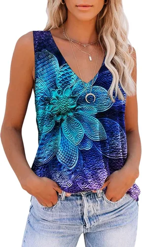 ETCYY Camiseta sin mangas con cuello en V para mujer, para verano, con bonito estampado, ajuste holgado, para entrenamiento, atletismo, yoga, Varios