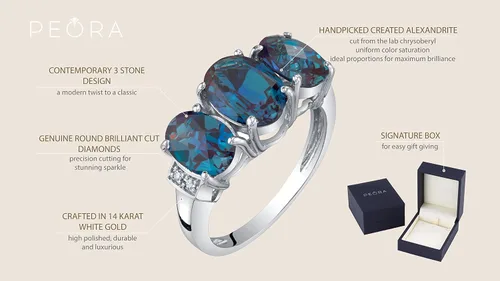 Miniatura 4 de Peora Anillo trino de tres piedras de oro blanco macizo de 14 quilates y piedras preciosas auténticas o creadas para mujer, tallas 5 a 9, Metal