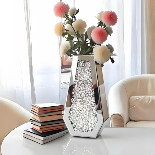 ALLARTONLY Jarrón de Flores Jarrón Espejado de Diamante Triturado Cristal Plateado Vidrio Jarrón Espejo Decorativo Tamaño Grande Lujo para