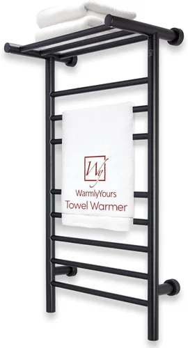 WarmlyYours Calentadores de toallas negros para baño, toallero térmico negro montado en la pared con estante, 11 barras de acero inoxidable, 20 x 36