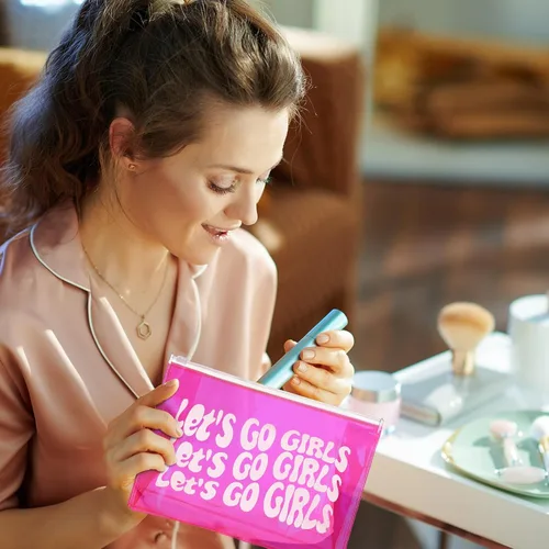 Miniatura 5 de Layhit 8 bolsas de maquillaje de despedida de soltera de color rosa con texto en inglés "Let's Go", suministros de decoración para niñas, retro