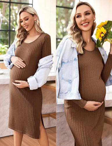 Miniatura 2 de Ekouaer Maternity Dress Rib Knit Long Sleeve Side Slit Bodycon Dresses Pregnancy Baby Shower Clothes S-XXL