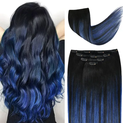 Miniatura 50 de Extensiones de cabello humano Remy de 12 pulgadas con clip para mujer, extensiones de cabello humano sedoso y liso, 1.76 onzas, 4 piezas