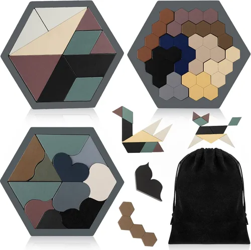 Miniatura 13 de Yunsailing Paquete de 3 rompecabezas grandes de madera hexagonal Tangram rompecabezas de madera rusa para adultos desafío teasers geométrico, lógica