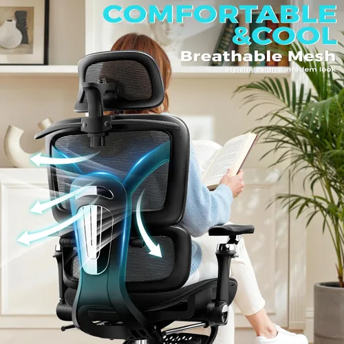 Miniatura 7 de Ergonomic Mesh Office Chair with Footrest, Big and Tall Home Desk Chair with 5D Flip-Up Arms, Adjustable Lumbar Support, Gaming & Executive Computer
