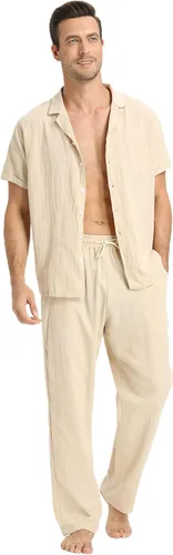 Miniatura 17 de RPOVIG Conjunto de camisa de lino y pantalones: conjuntos de lino de 2 piezas para hombre, camisas de manga corta, pantalones de yoga, trajes