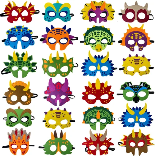 TEEHOME Máscaras de dinosaurio para fiestas (24 paquetes) de fieltro y elástico para niños, decoraciones de fiesta de dinosaurios con 24 máscaras de