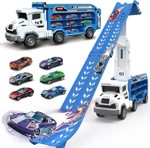 Juguetes de coche y camiones para niños pequeños, camiones de transporte de juguete para niños de 3 a 5 y 4 a 8 años, juegos de pistas de carreras