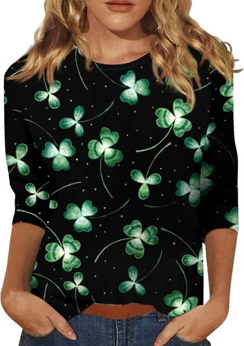 Camisa del día de San Patricio, camisetas de manga 34 para mujer, camisetas irlandesas del día de San Patricio, camisetas estampadas con trébol de