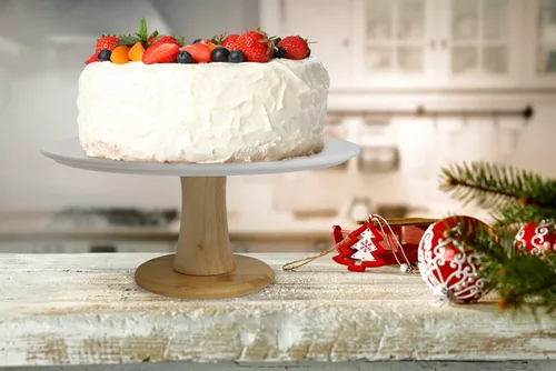 Miniatura 5 de Soporte de cerámica blanca para tartas con base de bambú, soporte para pasteles y postres para bodas y cumpleaños, decoración de cocina y hogar