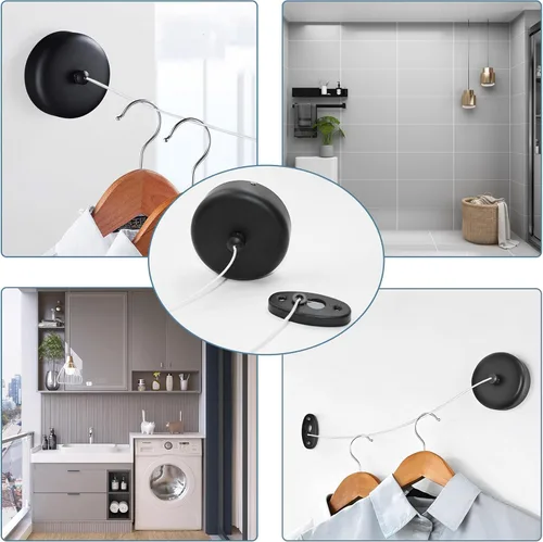 Miniatura 6 de SUS304 Tendedero retráctil con cuerda de ropa de nylon ajustable para cuarto de baño Lavandería Hoteles (negro)