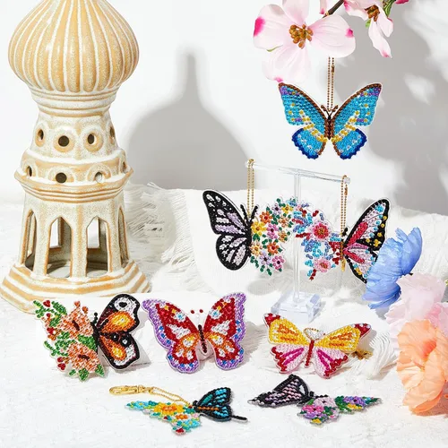 Miniatura 2 de Henoyso Juego de 24 llaveros de pintura de diamantes de mariposa para adultos, kit de manualidades 5D de doble cara, kit de taladro, pintura