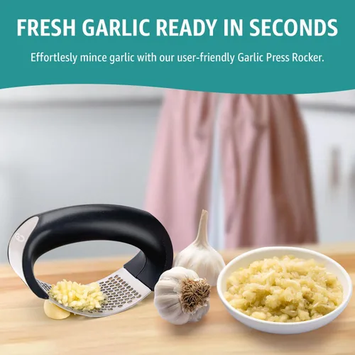 Miniatura 7 de Prensador basculante de ajo, triturador, herramienta picadora de acero inoxidable con pelador de ajo, espátula y cepillo para extraer más pasta