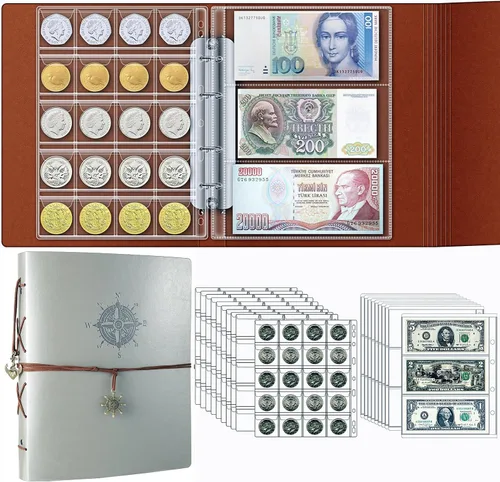 Miniatura 9 de Ettonsun 10 hojas de bolsillo para monedas, tamaño estándar, 9 agujeros, 120 bolsillos para la mayoría de tamaños Página de billetes de banco de 3