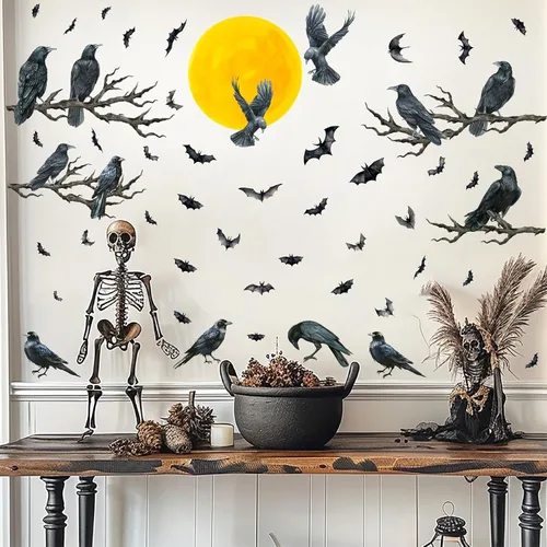 Miniatura 15 de Calcomanías de pared de ramas de árbol de Halloween, cuervo negro, pájaro, pájaro, pelar y pegar, calcomanías de cuervo para jaula de pájaro, Jaula