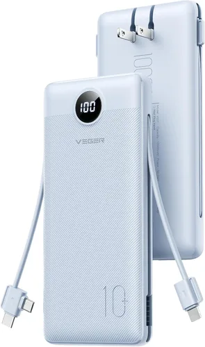 VEGER Cargador portátil con enchufe de pared AC, cargador portátil delgado de 10000 mAh con cables incorporados, banco de energía USB C de 15W de