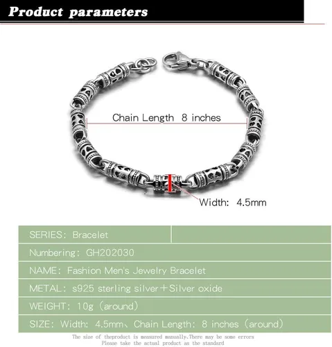Miniatura 2 de Vintage Men 100% 925 Pulsera de plata esterlina punk hip-hop masculino sólido plata pura 7-8 pulgadas cadena mano catenaria joyería