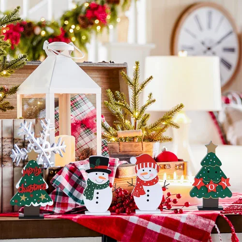 Miniatura 9 de DECSPAS Decoraciones navideñas para interiores, 4 piezas de árboles de Navidad de madera y muñecos de nieve para decoración de mesa de centro