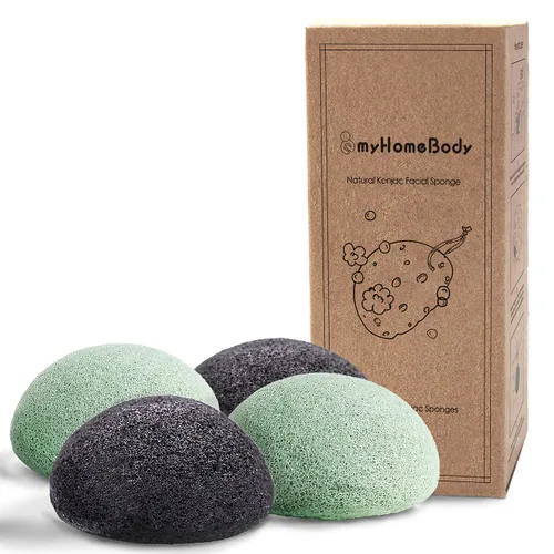 myHomeBody Esponjas faciales naturales de Konjac - para una limpieza y exfoliación facial suave - con carbón activado y aloe vera, juego de 4