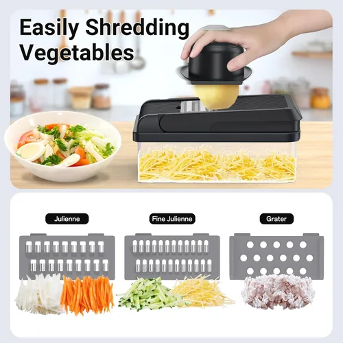 Miniatura 5 de SpaceHacks Picador de verduras 12 en 1, utensilios de cocina con 7 cuchillas, verduras, alimentos, picador de cebolla, rebanador de pepino, Gris