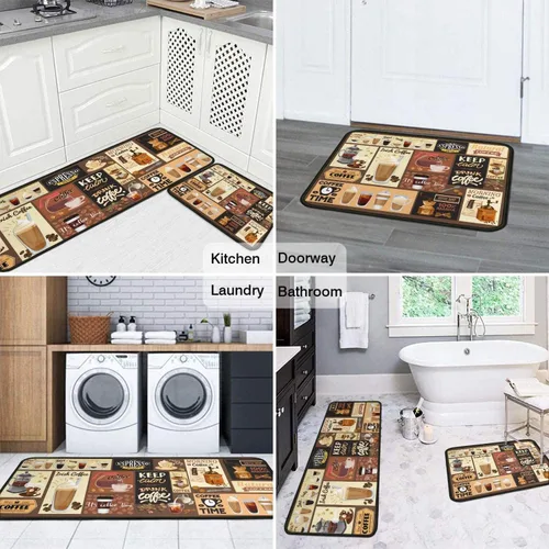 Miniatura 4 de Alfombras y esteras de cocina con tema de café (2 piezas), alfombra de cocina negra antideslizante lavable, suave, superabsorbente, juego