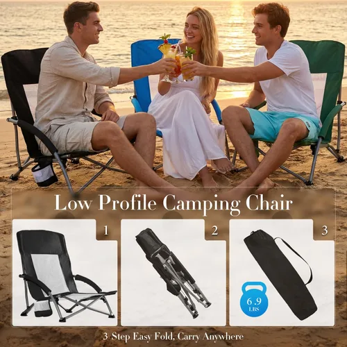 Miniatura 7 de DUMOS Silla de playa plegable para campamento, silla de playa ligera y baja portátil con soporte para tazas, bolsillo de almacenamiento, respaldo