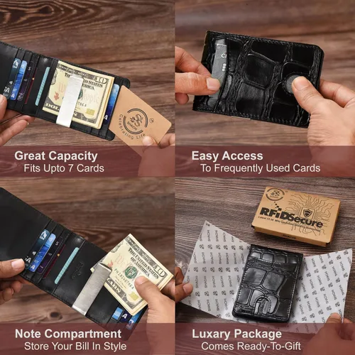 Miniatura 3 de S S SHACHI Cartera de cuero para hombre con bloqueo RFID, bolsillo frontal con 9 ranuras, cuero auténtico de grano completo, tarjetero múltiple