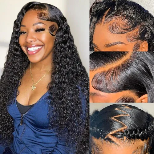 Miniatura 16 de Pelucas de encaje frontal de 13 x 4, transparentes HD, cabello humano prearrancado, línea capilar con abuelitos, densidad 200, ondas de agua