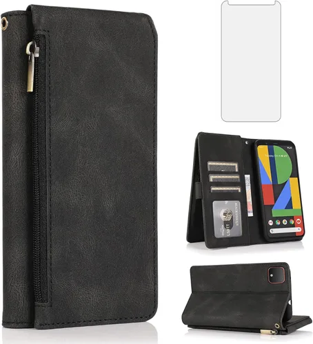 Asuwish Compatible con Google Pixel 4 XL - Funda tipo cartera de vidrio templado, protector de pantalla con cremallera, funda de cuero retro, Azul
