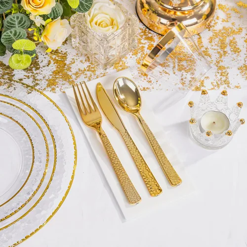 Miniatura 5 de Ciaell 350 piezas de platos de plástico transparentes con ribete dorado para 50 invitados, incluye 100 platos de plástico, 50 servilletas Claro