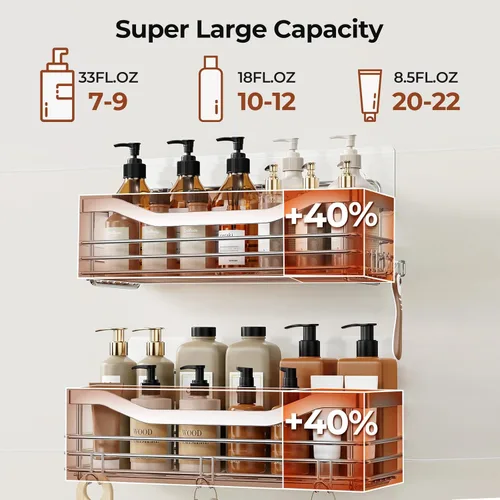 Miniatura 6 de Orimade Cesta de ducha con 5 ganchos, organizador de baño, estante de almacenamiento de cocina, adhesivo montado en la pared, sin perforaciones