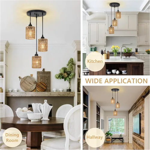 Miniatura 7 de LAMSU Lámpara colgante de 3 luces de ratán, accesorios de iluminación de techo estilo granja para comedor, lámpara colgante estilo boho